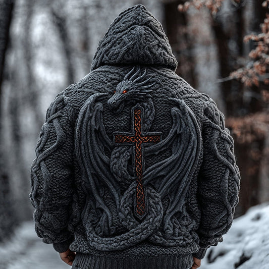 Men's Viking Inspired Dragon Cross Chunky Hooded Sweater artswardrobe