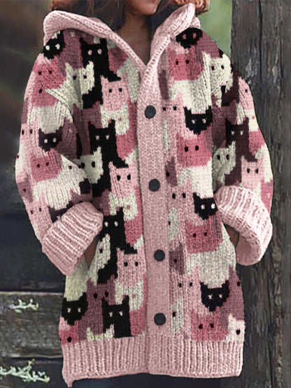 Pink Crowded Cats Knit Art Cozy Hooded Cardigan elevenforest