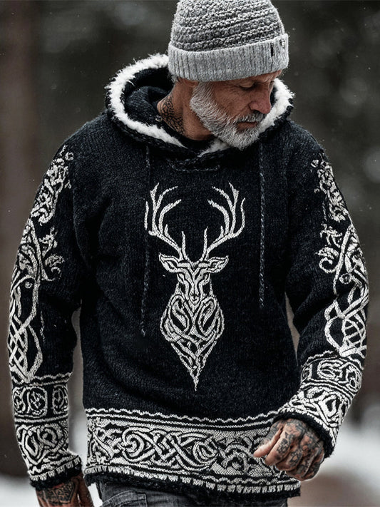 Comstylish Viking Celtic Knot & Elk Men's Fur Trim Hooded Sweater