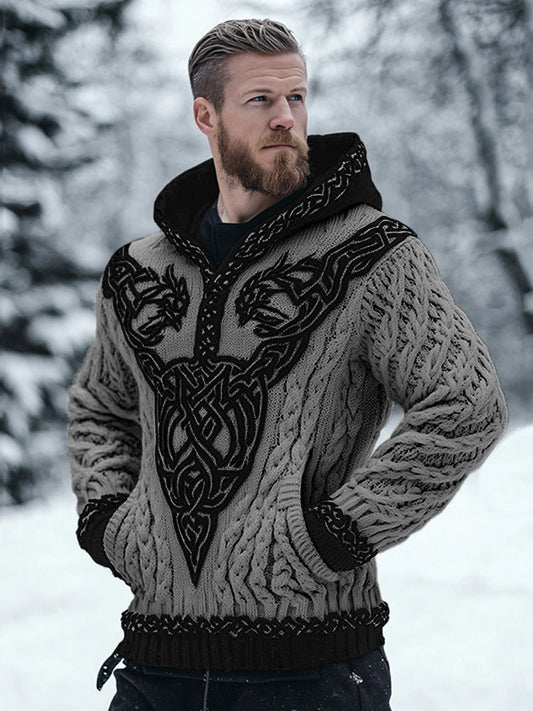 Men's Viking Celtic Contrast Cozy Chunky Hooded Sweater artswardrobe