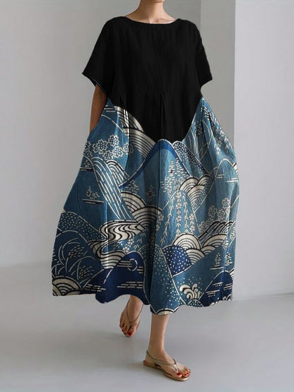 Comstylish Mountains Landscape Japanese Art Linen Blend Maxi Dress