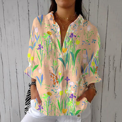 Women's Floral Print Long Sleeve Casual Linen Blend Shirt artswardrobe