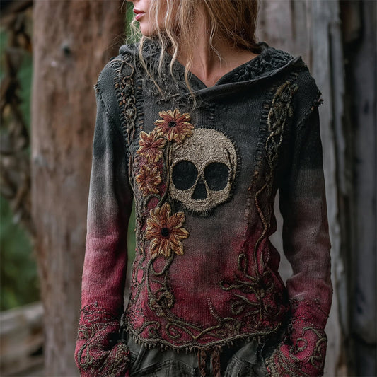Vintage Skull Floral Celtic Gradient Cozy Knit Hooded Sweater artswardrobe