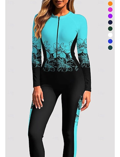 Regular Rash Guard Full Body Rash Guard One Piece Surfing Suit Tropical Color-blocking Zip Up With Built in Bra Front Zip Uv Sun Protection Full Coverage Upf50+ Long Sleeve Full Body