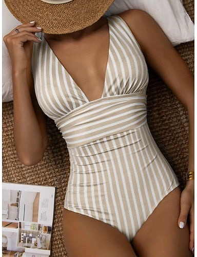 One Piece Swimsuit Slimming Colorblock Monokini Tummy Control High Waist Slim Backless Vacation Beach Wear Striped V Neck Sleeveless Bathing Suits