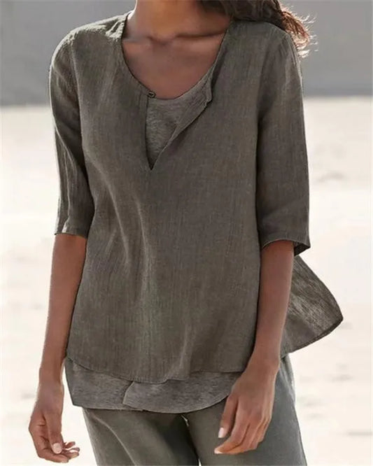 LM | Women's Clothing Half Sleeves V Neck Casual Solid Shirts
