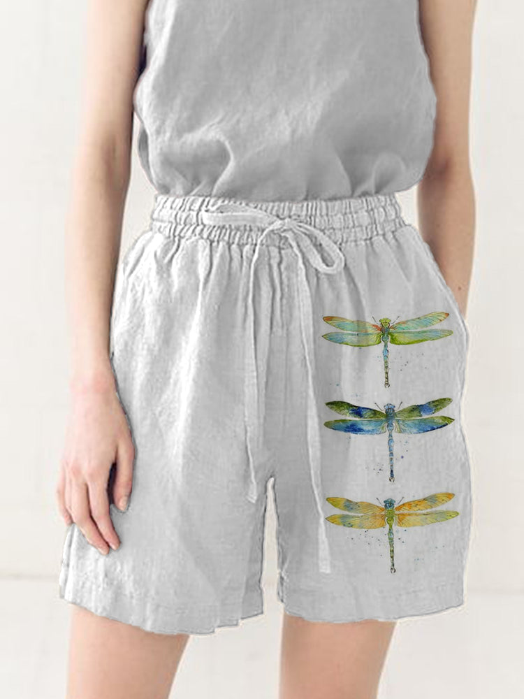 Comstylish Women's Casual Watercolor Dragonfly Cotton Blend Print Short