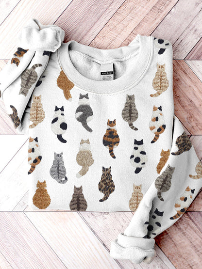 Comstylish Cute Cats Embroidery Pattern Casual Cozy Sweatshirt