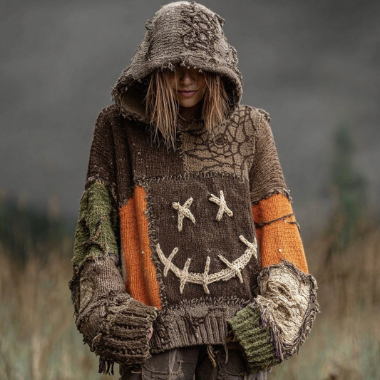 Halloween Spooky Face And Spider Web Patchwork Design Cozy Knit Hooded artswardrobe