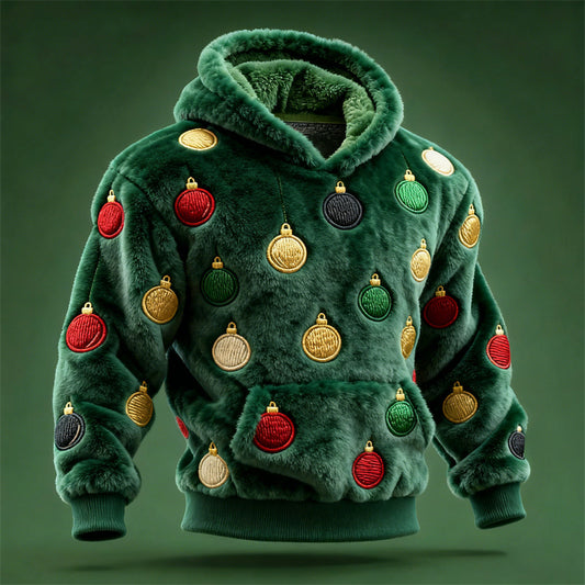 Comstylish Christmas Baubles Embroidered Design Men's Hooded Flannel Sweatshirt
