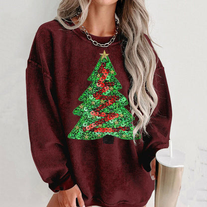 Comstylish Sequin Christmas Tree Print Crew Neck Sweatshirt