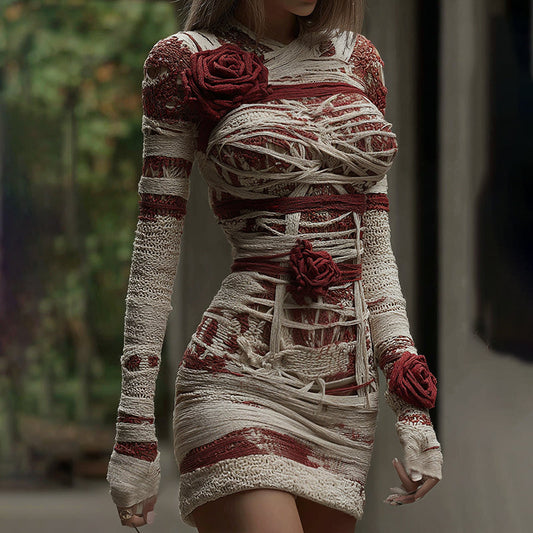 Women's Halloween Muscle Anatomy Bandage With Rose Art Cozy Knit Mini Sweater Dress artswardrobe