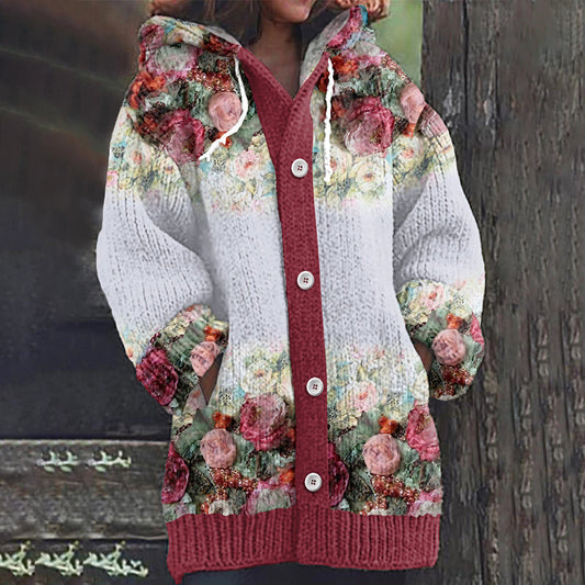 Floral Print Long Sleeve Knitted Hooded Cardigan artswardrobe