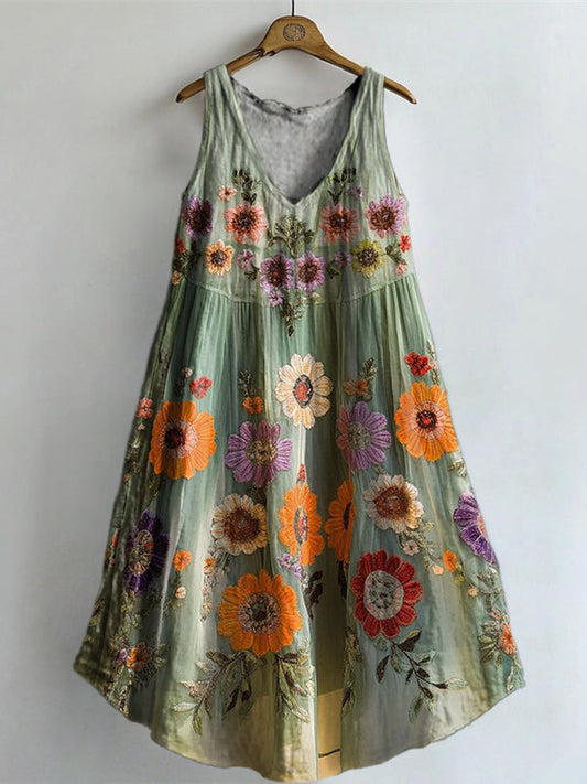 Women's Vintage Floral Art Print V-neck Pocket Cotton Dress