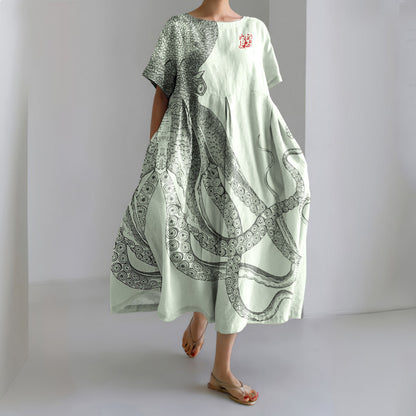 Comstylish Japanese Art Octopus And Crab Print Casual Art Linen Blend Maxi Dress