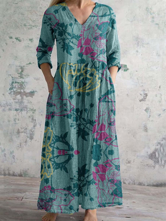 Women's Simple Elegant V Neck Floral Pattern Cotton Fabric Dress with Pockets