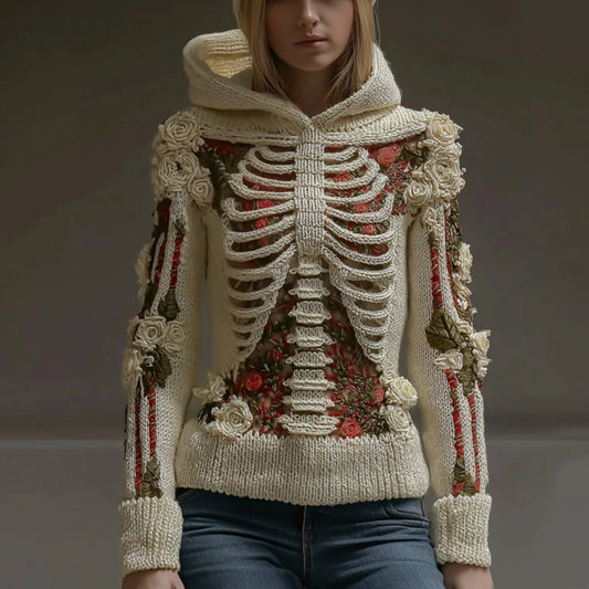 Women's Halloween Skeleton Bones Roses Art Knitted Warm Hooded Sweater artswardrobe