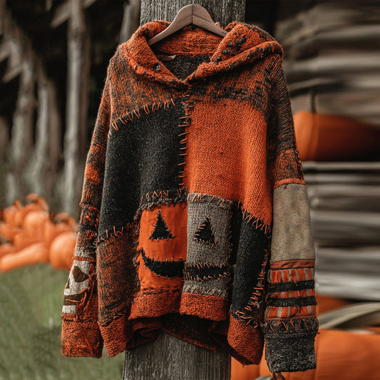 Vintage Patchwork Halloween Pumpkin Face Art Cozy Knit Hooded Sweater artswardrobe