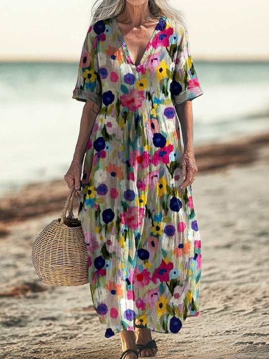 Women's Watercolor Floral Art Print Pocket V-neck Cotton Dress