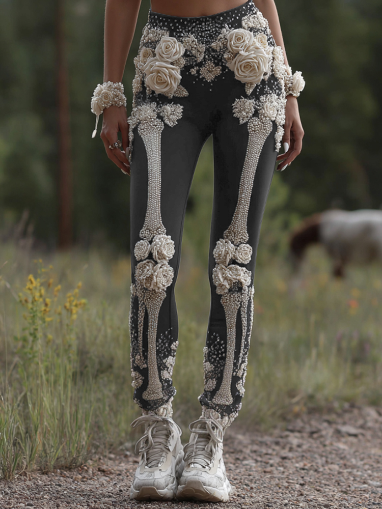 Vintage Halloween Skeleton Bones With Rose Art Cozy Knit Leggings artswardrobe