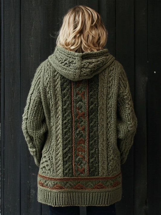 Vintage Irish Celtic Jacquard Cozy Chunky Hooded Cardigan artswardrobe
