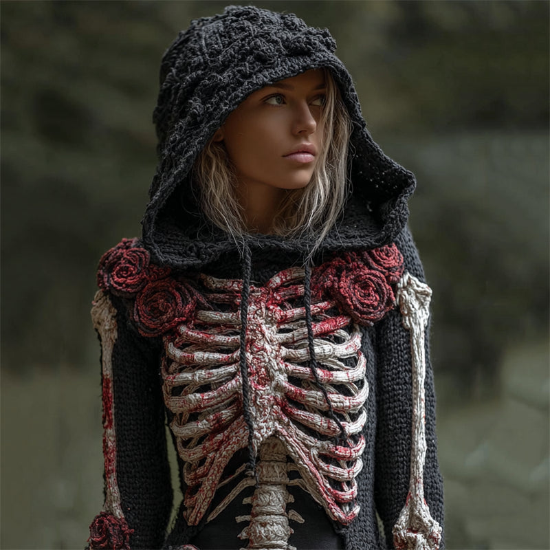 Halloween Bloody Roses Skeleton Crochet Cozy Knit Hooded Sweater artswardrobe