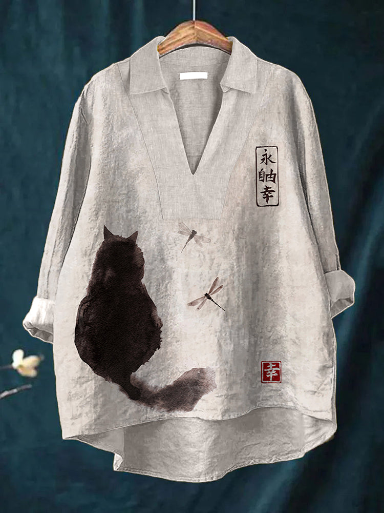 Japanese Art Cat Print Linen Shirt elevenforest