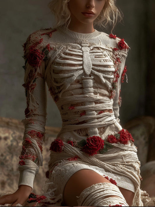 Women's Halloween Skeleton Rose Art Vintage Round Neck Mini Skirt artswardrobe