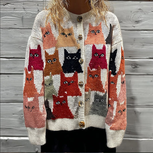 Comstylish Women's Cat-themed Embroidered Cardigan Sweater