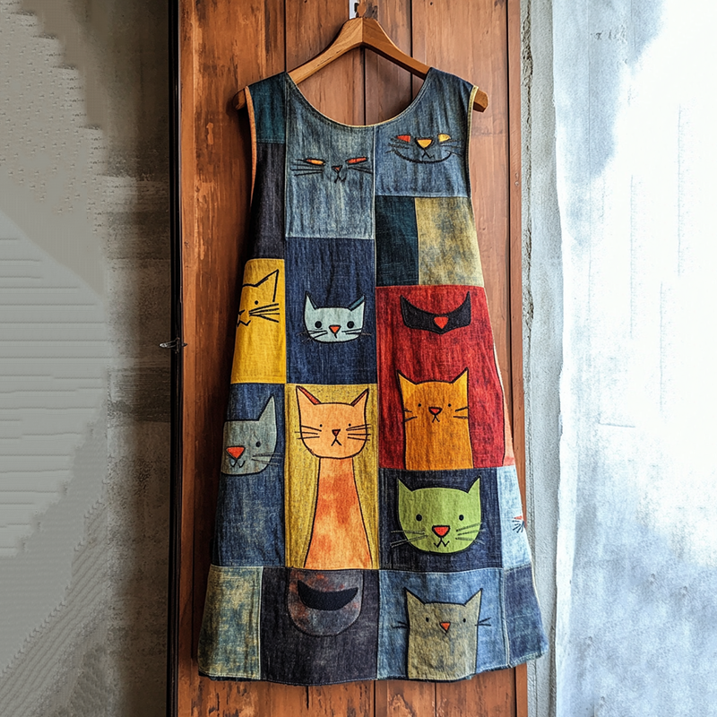 Pop Art Cat Patchwork Denim Midi Dress elevenforest