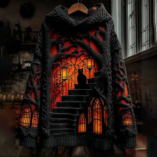 Halloween Black Cat Castle Knitted Warm Hooded Sweater artswardrobe