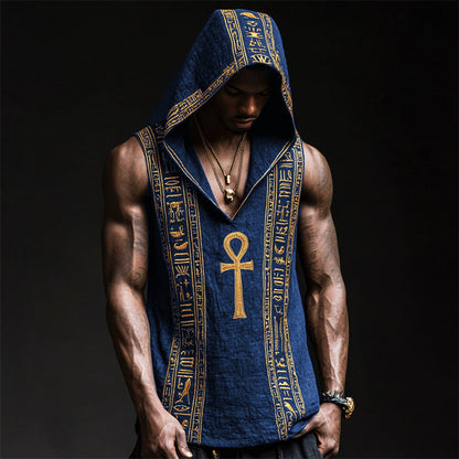 Men's Ankh Ancient Egyptian Embroidered Hooded Linen Tank artswardrobe