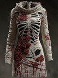 Halloween Skull Floral Knitted Warm Hooded Sweater artswardrobe