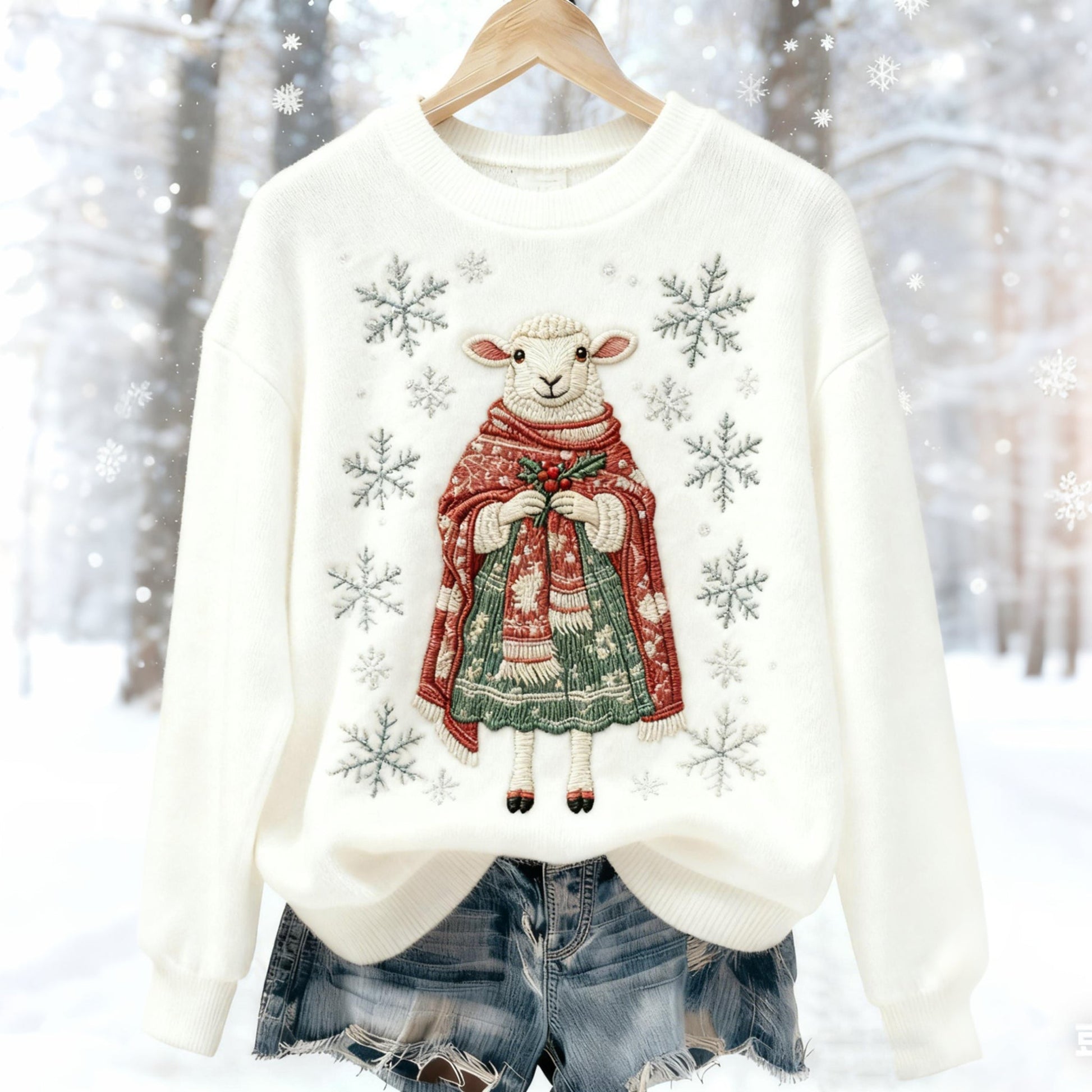 Comstylish Women's Christmas Sheep Embroidered Fleece Sweatshirt