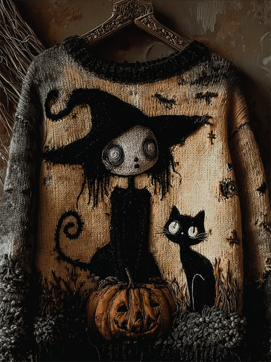 Halloween Gothic Witch Girl & Cat Cozy Knit Sweater artswardrobe