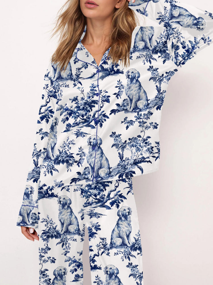 Women's Casual Golden Retriever Silky Satin Pajama Set artswardrobe