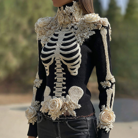 Women's Halloween Skeleton Bones With Roses Art Knitted Warm Turtleneck Sweater artswardrobe