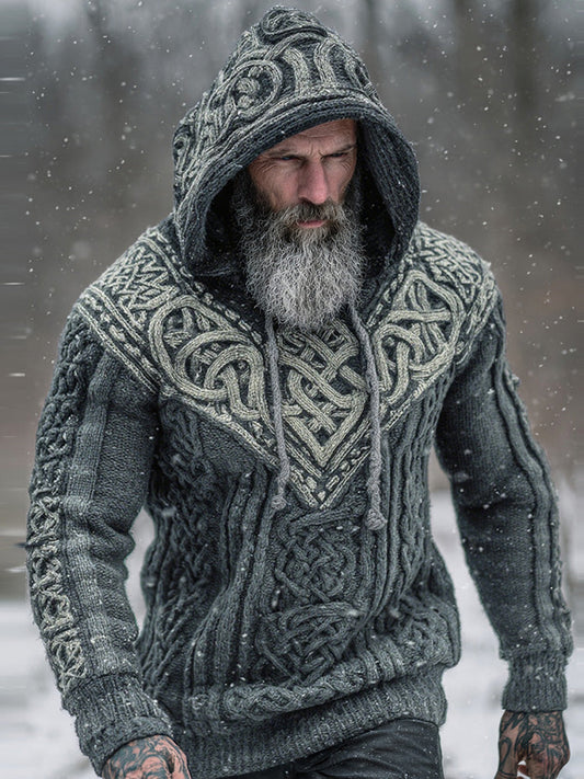Men's Viking Tribal Jacquard Celtic Knotwork  Inspired Chunky Knit Hooded Sweater artswardrobe