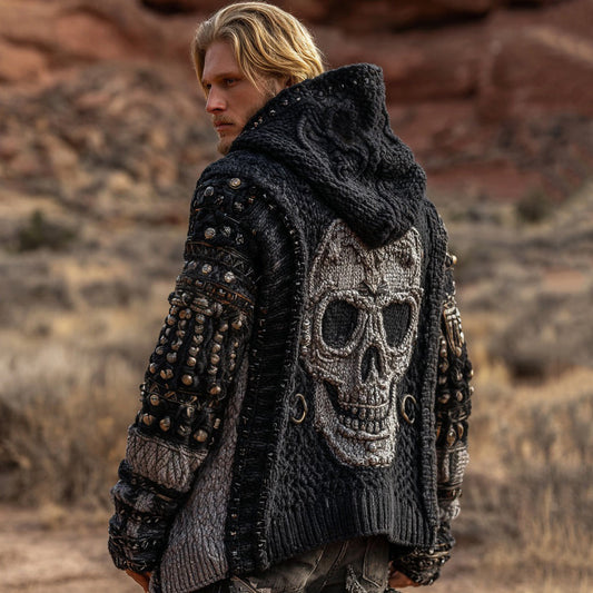 Men's Dark Style Skull Inspired Knitted Cozy Zipper Up Hooded Cardigan artswardrobe