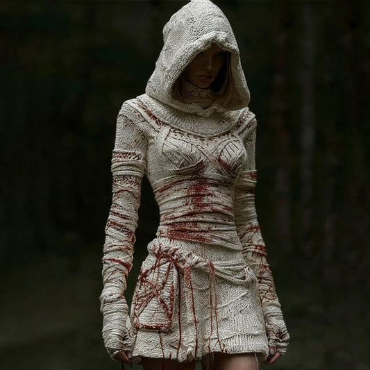 Women's Halloween Bandage Art Cozy Knit Hooded Sweater Mini Dress artswardrobe