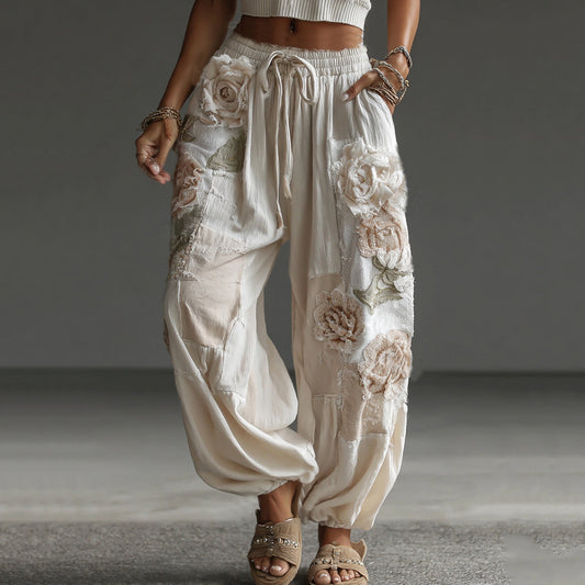 Women's Retro Floral Patchwork Art Casual Linen Pants