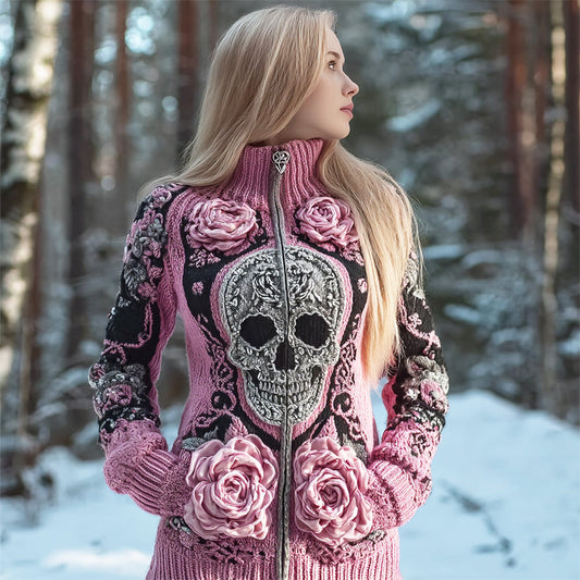 Skull & 3d Floral Art Women's Chunky Knit Zipper Sweater artswardrobe