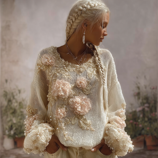 Bohemian Style Three-dimensional Pink Flower Knitted Pattern Women's V-neck Long-sleeve Knitted Sweater artswardrobe