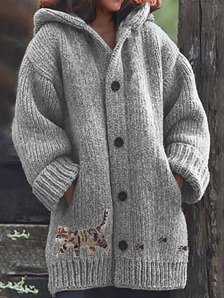Comstylish Cat & Paw Prints Embroidered Cozy Knit Hooded Cardigan