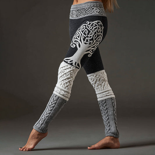 Women's Vintage Viking Tree Of Life Pattern Colorblock Cozy Leggings artswardrobe