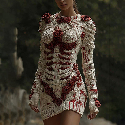 Women's Halloween Muscle Anatomy Bandage With Rose Art Cozy Knit Mini Sweater Dress artswardrobe
