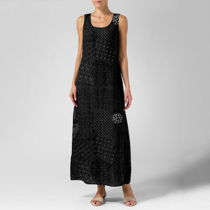 Comstylish Vintage Japanese Traditional Sashiko Art Linen Maxi Dress