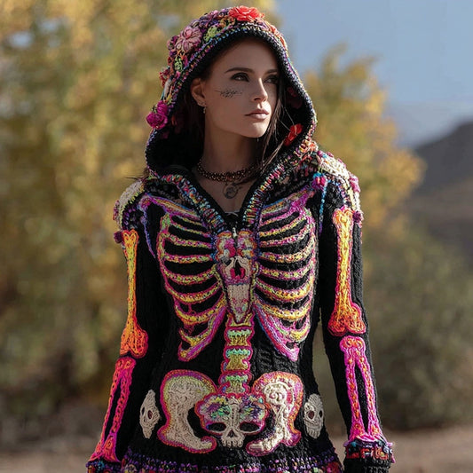 Day Of The Dead Inspired Skeleton Cozy Knit Hooded Sweater artswardrobe