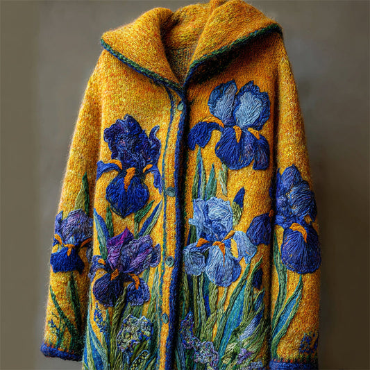 Comstylish Vintage Irises Inspired Felt Embroidered Cozy Knit Hooded Cardigan