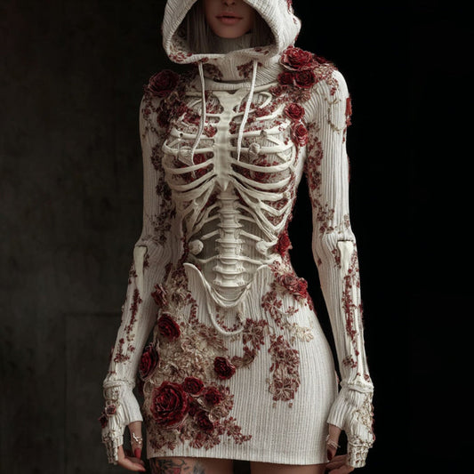 Vintage Skeleton Anatomy Roses Art Hooded Sweater Dress artswardrobe